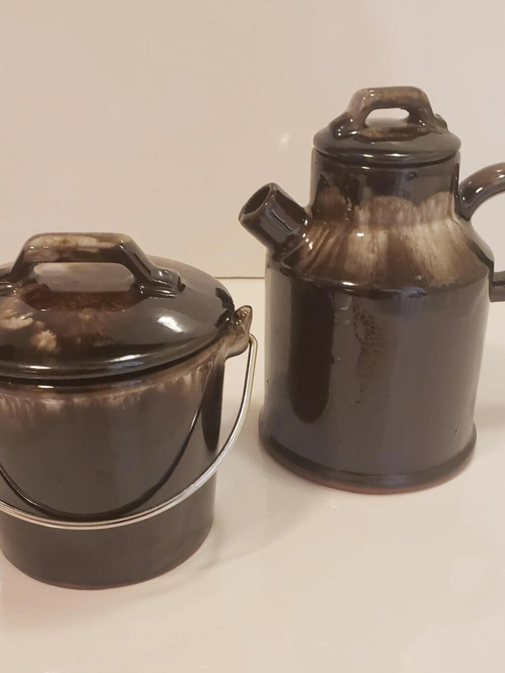 Vintage Drip Glaze Lidded Sugar Bowl and Creamer Set, Japan, Bucket & Pitcher